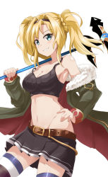 Rule 34 | aqua eyes, belt, bin1998, blonde hair, blush, breasts, cleavage, coat, cowboy shot, granblue fantasy, grin, hair intakes, hairband, hand on own hip, large breasts, midriff, miniskirt, navel, skirt, smile, solo, stomach, tagme, tank top, teeth, thighhighs, thighs, twintails, weapon, white background, zeta (dark) (granblue fantasy), zeta (granblue fantasy)