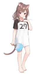 Rule 34 | 1girl, animal ear fluff, animal ears, anz32, barefoot, blush, brown hair, cat ears, cat girl, cat tail, closed mouth, clothes writing, commentary request, flat chest, full body, hair ornament, hairclip, hand fan, hand up, holding, holding fan, long hair, looking at viewer, nina (anz32), original, paper fan, ponytail, red eyes, shirt, short sleeves, simple background, solo, standing, tail, twitter username, uchiwa, white background, white shirt