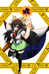Rule 34 | 1girl, arm cannon, black hair, bow, breasts, cape, female focus, hair bow, highres, kurobane, long hair, open mouth, radiation symbol, radioactive, red eyes, reiuji utsuho, skirt, solo, thighhighs, third eye, touhou, weapon, wings