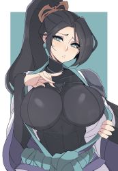 Rule 34 | 1girl, animification, black hair, breasts, green eyes, highres, impossible clothes, large breasts, long hair, looking at viewer, ponytail, pout, sage (valorant), skin tight, solo, valorant, yoshiikirablr