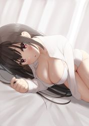 Rule 34 | 1girl, bed sheet, black hair, bra, breasts, cleavage, collarbone, collared shirt, highres, large breasts, long hair, long sleeves, looking at viewer, lying, no pants, on side, open clothes, open shirt, original, panties, red eyes, reinama, shirt, sidelocks, solo, thighs, underwear, white bra, white panties, white shirt