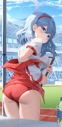 Rule 34 | 1girl, absurdres, ako (blue archive), ass, blue archive, blue eyes, blue hair, blush, bottle, breasts, buruma, clenched teeth, clipboard, gym uniform, hair between eyes, hairband, halo, highres, holding, holding clipboard, jacket, k.j., large breasts, long hair, looking at viewer, looking back, partially unzipped, red track suit, short sleeves, solo, sweat, teeth, thighs, track jacket, water bottle