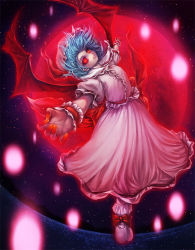 Rule 34 | 1girl, bat wings, blue hair, bow, danmaku, full body, full moon, glowing, glowing eyes, grin, hat, hat ribbon, looking at viewer, misaki (kyal 001), mob cap, moon, nail polish, outstretched arms, puffy sleeves, red eyes, red moon, remilia scarlet, ribbon, sash, shirt, shoes, short hair, short sleeves, skirt, skirt set, smile, socks, solo, touhou, white socks, wings, wrist cuffs
