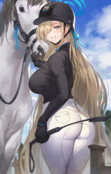 Rule 34 | 1girl, :d, absurdres, alternate costume, animal, ass, asuna (blue archive), black gloves, blue archive, blue eyes, blue ribbon, blue sky, blush, breasts, brown hair, cowboy shot, day, from behind, glint, gloves, grin, hair over one eye, hair ribbon, halo, helmet, highres, holding, horse, large breasts, long hair, long sleeves, looking at viewer, looking back, lxkate, open mouth, outdoors, pants, parted lips, ribbon, riding crop, sky, smile, solo, tight clothes, tight pants, very long hair, white pants