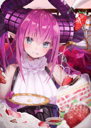 Rule 34 | 10s, 1girl, :p, blue eyes, blurry, blush, cake, cake slice, copyright name, cream, cream on face, cup, curled horns, depth of field, dragon horns, elizabeth bathory (fate), elizabeth bathory (fate/extra ccc), elizabeth bathory (second ascension) (fate), fate/extra, fate/extra ccc, fate/grand order, fate (series), food, food on face, fork, fruit, gloves, head tilt, heart, highres, holding, holding fork, holding plate, horns, long hair, looking at viewer, pink hair, plate, pointy ears, pot-palm, pouring, sleeveless, smile, solo, strawberry, strawberry shortcake, tea, teacup, teapot, tongue, tongue out, upper body