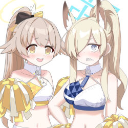 Rule 34 | 2girls, alternate costume, alternate hairstyle, animal ear fluff, animal ears, blue archive, breasts, brown hair, character name, cleavage, collarbone, commentary request, criss-cross halter, detached collar, dog ears, dog girl, extra ears, grey eyes, hair between eyes, hair over one eye, halo, halterneck, hand on own hip, hifumi (blue archive), holding, holding pom poms, kanna (blue archive), light brown hair, long bangs, long hair, looking at viewer, medium breasts, millennium cheerleader outfit (blue archive), multiple girls, navel, o (rakkasei), pom pom (cheerleading), pom poms, ponytail, sharp teeth, sidelocks, simple background, sleeveless, stomach, teeth, wing hair ornament, yellow eyes