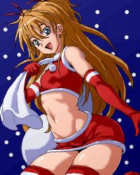 Rule 34 | 10s, 1girl, blue background, blue eyes, brown hair, christmas, elbow gloves, gloves, houjou hibiki, isu, long hair, lowres, midriff, miniskirt, navel, oekaki, precure, red gloves, santa costume, skirt, smile, snowing, solo, suite precure, thighhighs, two side up, when you see it