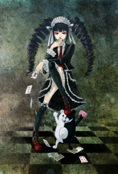 Rule 34 | 10s, 1girl, black hair, black thighhighs, bonnet, camera, card, celestia ludenberg, checkered floor, claw ring, danganronpa: trigger happy havoc, danganronpa (series), drill hair, earrings, floating card, floor, goth fashion, gothic lolita, highres, holding, holding card, jewelry, lolita fashion, monokuma, nail polish, necktie, person on card, playing card, red eyes, solo, thighhighs, twilightend, twin drills, twintails, zettai ryouiki