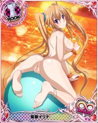 Rule 34 | 1girl, anus, ass, barefoot, blush, breasts, brown hair, chess piece, completely nude, happy, high school dxd, large breasts, leaning forward, nude, purple eyes, pussy, rook (chess), shidou irina, smile, spread legs