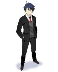 Rule 34 | 1boy, black jacket, black pants, blue hair, formal, from above, full body, glasses, grey footwear, hair between eyes, hands in pockets, jacket, log horizon, looking at viewer, male focus, necktie, official art, open clothes, open jacket, pants, red necktie, shiroe (log horizon), shirt, shoes, smile, solo, standing, transparent background, white shirt