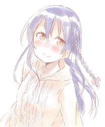 Rule 34 | 1girl, alternate hairstyle, blue hair, blush, braid, commentary request, hair between eyes, long hair, looking at viewer, love live!, love live! school idol project, shijimi kozou, simple background, smile, solo, sonoda umi, white background, yellow eyes