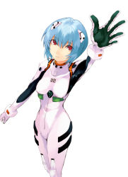 Rule 34 | 1girl, arm up, armpits, ayanami rei, blue hair, bodysuit, bracer, breasts, cowboy shot, expressionless, from above, gloves, hair between eyes, hair ornament, interface headset, kitagawa unagi, looking at viewer, neon genesis evangelion, pilot suit, plugsuit, reaching, red eyes, short hair, simple background, small breasts, solo, standing, turtleneck, waving, white background
