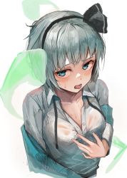 Rule 34 | 1girl, absurdres, black hairband, collarbone, ghost, green eyes, grey hair, hairband, henginnnnnn, highres, konpaku youmu, konpaku youmu (ghost), long sleeves, looking at viewer, open mouth, see-through, see-through shirt, shirt, short hair, simple background, solo, sweat, tongue, tongue out, touhou, upper body, white background, white shirt