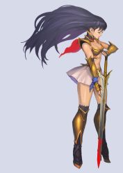 Rule 34 | armor, asou yuuko, bikini armor, blood, bloody weapon, blue hair, bracer, breasts, cleavage, commentary request, closed eyes, gold armor, greaves, high heels, highres, holding, holding sword, holding weapon, long hair, midriff, miniskirt, mugen senshi valis, navel, red scarf, scarf, shoulder pads, skirt, solo, sword, thighhighs, urasato, valis, weapon
