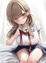 Rule 34 | 1girl, bad id, bad pixiv id, blue eyes, blue skirt, blush, breasts, brown hair, commentary request, highres, large breasts, long hair, looking at viewer, neck ribbon, nekomugiharu, original, red neckwear, revision, school uniform, shirt, short sleeves, sitting, skirt, smile, solo, thighs, undone neck ribbon, white shirt