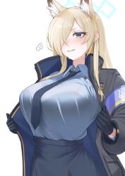 Rule 34 | 1girl, animal ear fluff, animal ears, black gloves, black jacket, black necktie, black pantyhose, black skirt, blonde hair, blue archive, blue eyes, blue halo, blue shirt, blush, breasts, clenched teeth, collared shirt, cowboy shot, gloves, hair over one eye, halo, highres, jacket, kanna (blue archive), large breasts, long hair, long sleeves, mintz912, necktie, open clothes, open jacket, pantyhose, sharp teeth, shirt, simple background, skirt, solo, teeth, upper body, white background