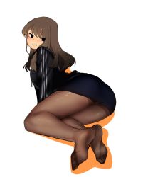 Rule 34 | 1girl, artist request, ass, black eyes, blush, brown hair, character request, feet, highres, jersey, long hair, looking at viewer, miniskirt, no shoes, panties, pantyhose, pantyshot, parted lips, skirt, smile, soles, toes, underwear