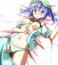 Rule 34 | 1girl, akiyasu, blue eyes, blue hair, blush, breasts, breasts apart, clothes lift, clothes pull, female focus, hair bobbles, hair ornament, hat, kawashiro nitori, key, lying, matching hair/eyes, medium breasts, nipples, on back, open clothes, open mouth, open shirt, panties, shirt, shirt lift, short hair, skirt, skirt pull, solo, staring, touhou, twintails, two side up, underwear