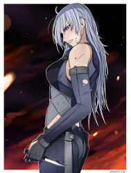 Rule 34 | 1girl, ak-15 (girls&#039; frontline), angry, artist name, black gloves, braid, darkpulsegg, feet out of frame, french braid, girls&#039; frontline, gloves, highres, holding, holding knife, knife, lips, long hair, looking to the side, open mouth, purple eyes, silver hair, simple background, solo, standing, tactical clothes, teeth