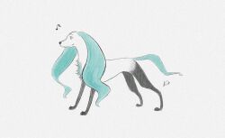 Rule 34 | animal, animal focus, animalization, aqua eyes, aqua fur, closed mouth, dog, dorasakio, from side, hatsune miku, highres, looking away, musical note, no humans, profile, signature, simple background, smile, solo, standing, vocaloid, white background