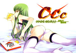 Rule 34 | 00s, 1girl, ass, bed, boots, breasts, c.c., cheese, code geass, eating, female focus, food, green hair, high heels, highres, long hair, lying, on stomach, pizza, pizza hut, product placement, sexually suggestive, shoes, solo, thigh boots, thighhighs, white thighhighs, yellow eyes