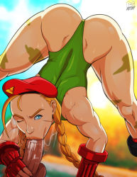 Rule 34 | 1boy, 1girl, :o, absurdres, ass, beret, blue eyes, cammy white, capcom, clothed female nude male, clothed sex, fellatio, fingerless gloves, gloves, hat, highres, huge penis, long hair, muscular, muscular female, nude, one eye closed, open mouth, oral, penis, ponpu (pumpkinsinclair), red gloves, saliva, scar, scar on face, street fighter, top-down bottom-up, twintails, veins, veiny penis