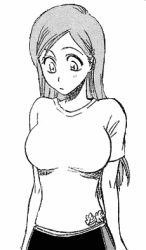 Rule 34 | 1girl, animated, animated gif, bleach, breast expansion, breasts, covered erect nipples, female focus, huge breasts, inoue orihime, lowres, monochrome, solo