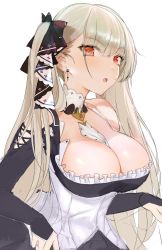 Rule 34 | 1girl, absurdly long hair, azur lane, bad id, bad twitter id, between breasts, black dress, breasts, cleavage, dress, earrings, formidable (azur lane), frilled dress, frills, grey hair, hair ribbon, jewelry, large breasts, long hair, open mouth, preview (preview0), red eyes, ribbon, simple background, solo, twintails, two-tone dress, two-tone ribbon, very long hair, white background