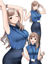 Rule 34 | 1girl, arms up, blue shirt, blue skirt, blush, brown eyes, brown hair, closed eyes, closed mouth, doushimasho, high-waist skirt, highres, id card, lanyard, long hair, mole, mole under eye, nail polish, office lady, one eye closed, open mouth, original, pantyhose, pencil skirt, pink nails, shirt, simple background, skirt, sleeveless, stretching, tight clothes, tight shirt, watch, wristwatch
