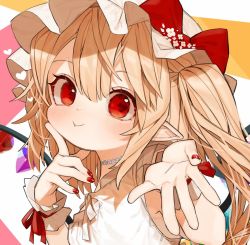 Rule 34 | 1girl, :t, alternate costume, artist name, bare arms, blonde hair, blush, bow, breasts, choker, commentary request, crystal, finger to cheek, flandre scarlet, flower choker, gotou (nekocat), hair between eyes, hands up, hat, hat bow, heart, index finger raised, long hair, looking at viewer, mob cap, multicolored background, nail polish, one side up, orange background, pink background, pointy ears, red bow, red eyes, red nails, red ribbon, ribbon, signature, sleeveless, small breasts, smile, solo, touhou, upper body, white background, white hat, wings, wrist cuffs