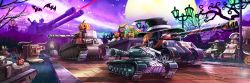 Rule 34 | artist request, bad id, bad pixiv id, bat (animal), caterpillar tracks, commentary request, forest, grass, halloween, kv-2, lamppost, m6 heavy tank, military, military vehicle, moon, motor vehicle, nature, night, no humans, panther (tank), panther (tank), tank, tree, vehicle focus, vehicle request, world of tanks