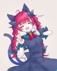 Rule 34 | 1girl, :3, :d, animal ears, black bow, blunt bangs, bow, braid, cat ears, cat tail, closed eyes, double v, dress, fang, hair bow, happy, highres, kaenbyou rin, multiple tails, nekomata, norimakiomoti2, open mouth, red hair, smile, solo, tail, touhou, twin braids, twitter username, two tails, v