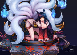 Rule 34 | 1girl, ahri (league of legends), all fours, animal ears, bare shoulders, black hair, blue fire, braid, breasts, character name, cleavage, closed mouth, copyright name, curry bowl, detached sleeves, facial mark, fire, fox ears, korean clothes, large breasts, leaf, league of legends, long hair, long sleeves, looking at viewer, low-tied long hair, multiple tails, nail polish, sash, shoes, single braid, smile, solo, swept bangs, tail, tassel, very long hair, whisker markings, wide sleeves, yellow eyes