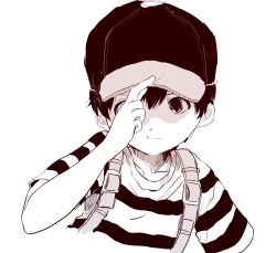 Rule 34 | 1boy, black hair, hat, highres, male focus, monochrome, mother (game), ness (mother 2), nintendo, short hair, simple background, solo