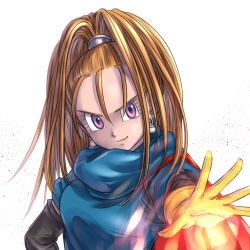 Rule 34 | 1girl, barbara (dq6), black sleeves, blue shirt, brown hair, cape, commentary request, detached sleeves, dragon quest, dragon quest vi, fire, gloves, high ponytail, magic, outstretched hand, pekuchin (pekuchin 3), purple eyes, red cape, shirt, solo, square enix, white background, yellow gloves