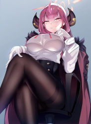 Rule 34 | 1girl, aru (blue archive), bad id, bad pixiv id, black pantyhose, blue archive, blunt bangs, breasts, chair, coat, coat on shoulders, fur trim, gloves, grin, halo, highres, horns, long hair, looking at viewer, orange eyes, pantyhose, pink hair, resolution mismatch, silly (marinkomoe), sitting, smile, solo, source larger, thighband pantyhose, white gloves