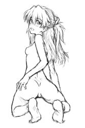 Rule 34 | 1girl, ass, blush, breasts, completely nude, dbqp, hair ornament, long hair, looking at viewer, looking back, neon genesis evangelion, nipples, no pussy, nude, simple background, sketch, small breasts, solo, souryuu asuka langley, thighs, twintails