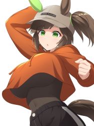 Rule 34 | alternate breast size, animal ears, arm up, breasts, brown hair, clenched hand, crop top, crop top overhang, cropped hoodie, drawstring, ear covers, ears through headwear, green eyes, hair through headwear, hand up, hat, highres, hood, hoodie, horse ears, horse girl, impossible clothes, impossible shirt, ines fujin (umamusume), large breasts, navel, official alternate costume, orange hoodie, pants, pataneet, shirt, side ponytail, single ear cover, umamusume, white background