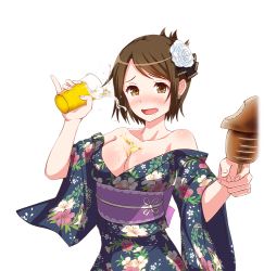 Rule 34 | 1girl, :d, alcohol, bare shoulders, beer, breasts, brown eyes, brown hair, cleavage, collarbone, drooling, earrings, floral print, flower, food, hair flower, hair ornament, holding, holding food, idol wars z, japanese clothes, jewelry, kimono, looking at viewer, medium breasts, nagato haruka, obi, open mouth, print kimono, sash, short hair, smile, solo, stud earrings, transparent background, upper body, wet, wide sleeves