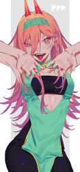 Rule 34 | 1girl, absurdres, bandeau, breasts, chainsaw man, china dress, chinese clothes, cross-shaped pupils, crosshair pupils, dress, eyelashes, gradient hair, green dress, green hairband, hair between eyes, hairband, highres, horns, long hair, looking at viewer, medium breasts, multicolored hair, nail polish, open mouth, pelvic curtain, pink hair, power (chainsaw man), purple hair, red hair, red horns, red nails, sharp teeth, simple background, solo, symbol-shaped pupils, teeth, tongue, tongue out, very long hair, yagita (astronomie)