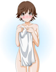 Rule 34 | 10s, 1girl, absurdres, bare arms, bare shoulders, blue background, blush, breasts, brown eyes, brown hair, collarbone, commentary request, covering privates, embarrassed, gradient background, groin, hands on own chest, highres, holding, holding towel, honda mio, idolmaster, idolmaster cinderella girls, looking at viewer, medium breasts, naked towel, nose blush, nude cover, short hair, sideboob, solo, takumi (rozen garten), tareme, thighs, towel