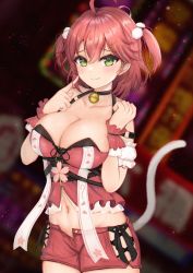 Rule 34 | 1girl, absurdres, ahoge, arm strap, bell, belt, blurry, blurry background, blush, breasts, breasts squeezed together, cat hair ornament, cat tail, cleavage, collarbone, cowboy shot, frills, green eyes, hair ornament, hair ribbon, highres, hololive, large breasts, looking at viewer, medium hair, midriff, mito soosu, navel, neck bell, pink hair, ribbon, sakura miko, sakura miko (work), short sleeves, shorts, smile, solo, sweatdrop, tail, twintails, two side up, virtual youtuber, wrist cuffs