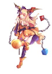 Rule 34 | 1girl, bad proportions, bat wings, blonde hair, boots, bow, candy, chain, corset, detached sleeves, food, from behind, full body, halloween, highres, horns, ibuki suika, long hair, looking back, orange eyes, pandako, panties, pantyshot, patterned legwear, print thighhighs, purple panties, ribbon, solo, star (symbol), star print, stitches, thighhighs, touhou, transparent background, underwear, wand, white background, wide sleeves, wings, yellow eyes