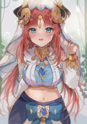 Rule 34 | 1girl, :d, absurdres, blue eyes, blush, breasts, brooch, dancer, fake horns, forehead jewel, genshin impact, hand up, harem outfit, highres, horns, jewelry, large breasts, long hair, looking at viewer, maruro, midriff, navel, nilou (genshin impact), open mouth, parted bangs, red hair, smile, solo, upper body, veil