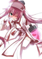 Rule 34 | 1girl, alternate costume, armband, blush, gloves, green eyes, hat, looking at viewer, mary skelter, mizunashi (second run), nurse, nurse cap, one eye closed, open mouth, oyayubihime (mary skelter), pink hair, solo, syringe, twintails