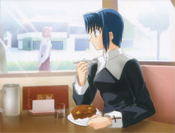 Rule 34 | 00s, 2girls, arcueid brunestud, arms behind back, blonde hair, booth seating, chair, ciel (tsukihime), cross, curry, curry rice, food, glass, indoors, latin cross, long sleeves, multiple girls, plate, rice, sitting, spoon, sweat, table, takeuchi takashi, tree, tsukihime, type-moon, window