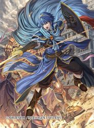 Rule 34 | 1boy, armor, blue eyes, blue hair, boots, cape, company connection, copyright name, fighting, fingerless gloves, fire emblem, fire emblem: mystery of the emblem, fire emblem cipher, gloves, holding, holding weapon, izuka daisuke, jewelry, knee boots, male focus, marth (fire emblem), nintendo, pants, shield, short hair, short sleeves, sword, tiara, weapon