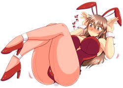 Rule 34 | 1girl, animal ears, ass, bach, bare shoulders, blush, breasts, brown eyes, brown hair, fake animal ears, female focus, hair ornament, high heels, large breasts, legs, leotard, long hair, lying, on back, original, pantyhose, playboy bunny, rabbit ears, rabbit tail, shoes, simple background, solo, tail, thick thighs, thighs, white background