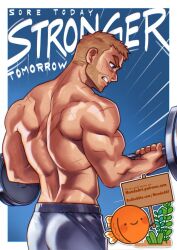 Rule 34 | 1boy, artist name, ass, bara, beard, biceps, blonde hair, blue background, dumbbell, english text, exercising, facial hair, fish, holding dumbbell, leius (mondo), logo, male focus, manly, mature male, mondoart, muscular, muscular male, original, pants, patreon username, scar, scar on face, scar on nose, short hair, simple background, solo, spiked hair, sweat, sweatdrop, teeth, text focus, thick arms, thick eyebrows