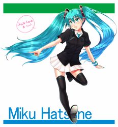 1girl aqua_hair boots character_name employee_uniform familymart female_focus green_eyes hatsune_miku headset highres long_hair necktie onoga_yue open_mouth skirt solo thigh_boots thighhighs twintails very_long_hair vocaloid